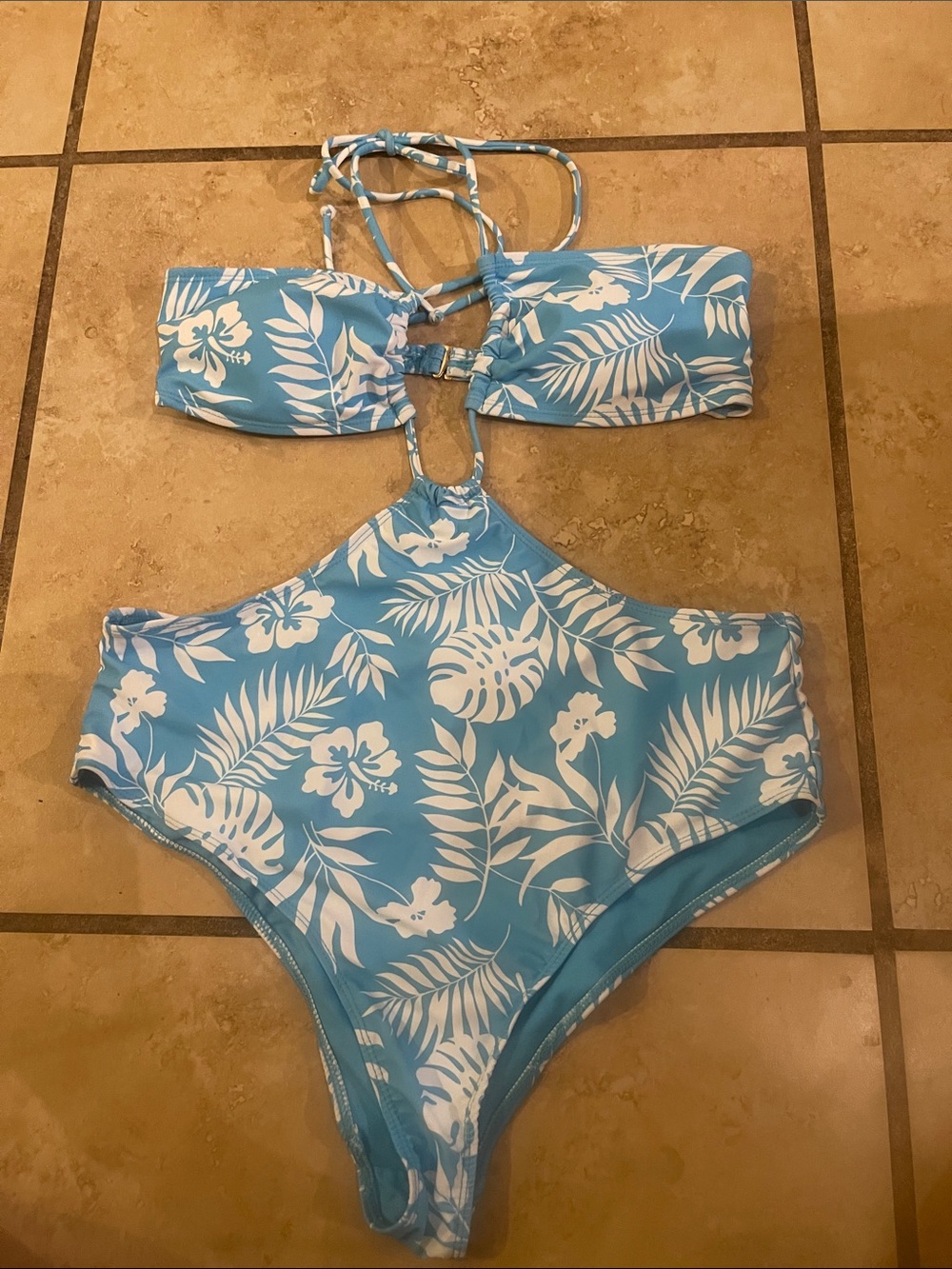 Blue Floral Womens One-Piece Swimwear with Cutout